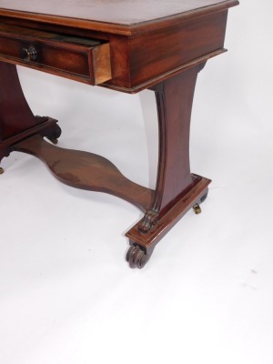 A Victorian mahogany side table, with two frieze drawers, slab supports and stretcher on scroll legs, 100cm wide. - 3