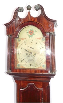 N Shaw (Sleaford). An early 19thC mahogany longcase clock , with swan neck pillared hood, canted trunk with full length door, flames base with plinth, the painted dial having a flower painted to the arch, Arabic numerals, date crescent, seconds ring and i