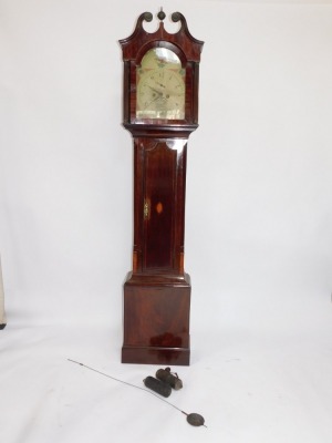 N Shaw (Sleaford). An early 19thC mahogany longcase clock , with swan neck pillared hood, canted trunk with full length door, flames base with plinth, the painted dial having a flower painted to the arch, Arabic numerals, date crescent, seconds ring and i - 2