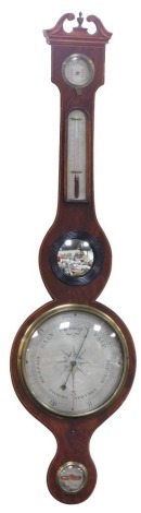 A 19thC flame mahogany wheel barometer, with scroll pediment, hygrometer over thermometer, convex mirror, 20cm silvered dial, and level marked Le Martinelli, 62 King Street, Borough., 97cm high.