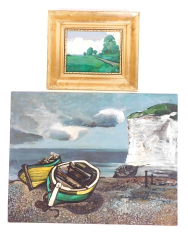 Jan Brychta (1928-2013) Rolling landscape, oil on board, signed, in gilt frame, 12cm x 16cm, and an unframed oil of boats, signed, 40cm x 50cm. (2)