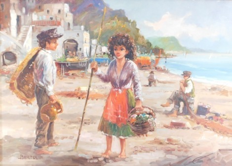 Bertoliai (20thC School). Mediterranean Harbour Scene, with girl carrying basket, signed, oil on canvas, 48cm x 70cm, framed.