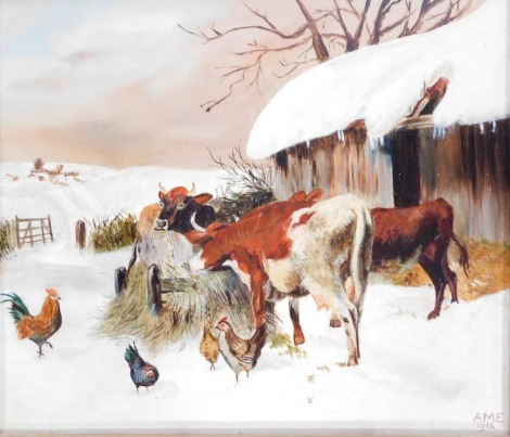 A M E (20thC School). Cattle in snowy scene, signed and dated 1912, oil on canvas, 28cm x 34cm.