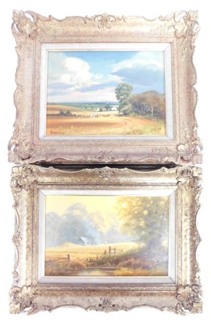 Christopher Osborne (20thC School). Farming scenes, entitled Across the Meadow, and Harvest Lincolnshire, a pair, oil on boards, signed, 21cm x 30cm, framed.