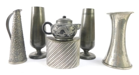 A group of pewter, comprising a ceramic and pewter Chinese teapot, tea canister, two goblets, vase and a jug. (6)