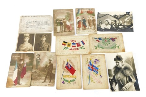 Black and white postcards and photographs, comprising four silk embroidered postcards, black and white photographs of King George, war related postcards, etc. (a small quantity)