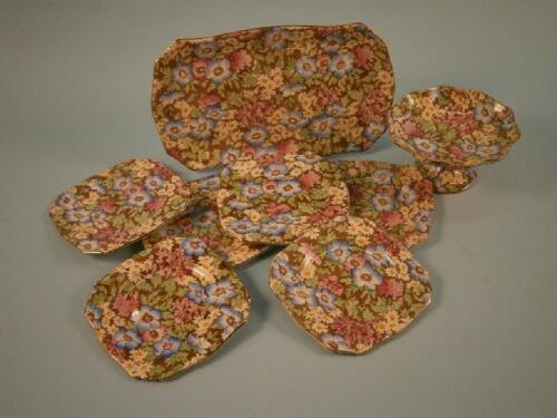 A Royal Winton Anemone pattern Chintz decorated sandwich set and a small tazza (8)