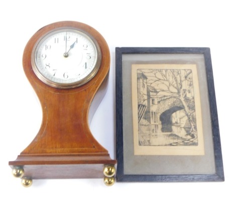 An Edwardian walnut mantel clock, with balloon top, with white enamel dial stamped Z Barraclough of Leeds, on bun feet, 24cm high, together with a framed etching, 15cm x 9cm. (2)