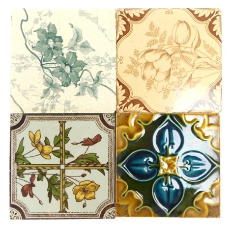 Four Minton cabinet tiles, each in the Art Nouveau style, with brown colouring, 15cm x 15cm. (4)