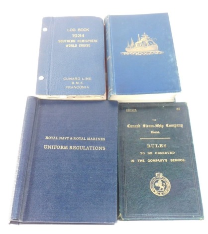 Nautical related books, comprising 1934 Cunard Log Book, R J Cornewall- Jones. The British Merchant Service, The Cunard Steam Ship Company Rule Book, and The Royal Navy and Royal Marines Uniform Regulations Guide. (4)