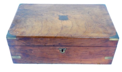 A 19thC mahogany and brass writing box, with writing slope and inkwells, 12cm high, 36cm wide, 23cm deep.