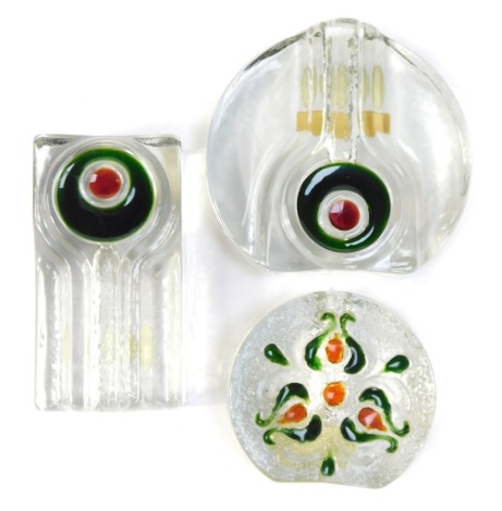 Three Walther glass art glass vases, comprising two decorated with coloured circles, 11cm and 12cm high, and a small circular example with Art Nouveau design, 8cm high. (3)