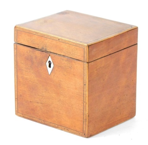 A late 19thC fruitwood tea caddy, with bone escutcheon, 11cm high, 10cm wide, 10cm deep.