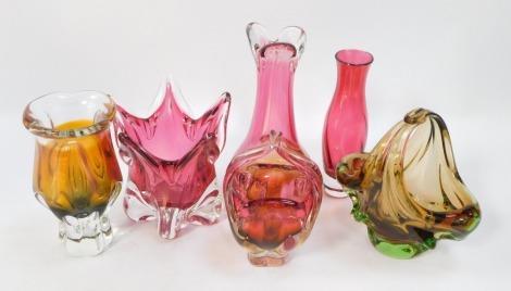 Six art glass vases, each with cranberry, orange and green designs, and two baskets. (6)