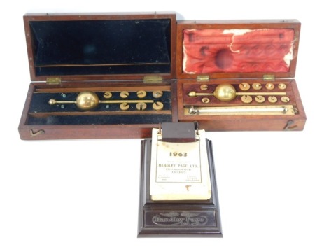 Cased hydrometers, comprising two cased Sikes' hydrometers, and a Handley Page Ltd desk calendar. (3)