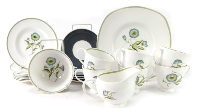 A Susie Cooper part tea service decorated in the Blue Bell pattern, comprising six cups and saucers, milk jug, sugar bowl, six side plates, and a cake plate. - 2