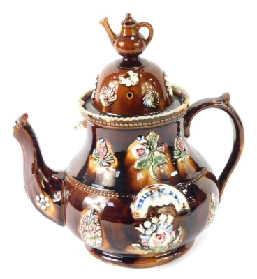 A Barge ware teapot, 'Think of Me', treacle glazed, 31cm high. (AF) - 5