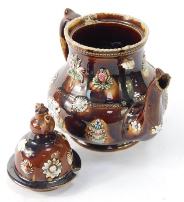 A Barge ware teapot, 'Think of Me', treacle glazed, 31cm high. (AF) - 6