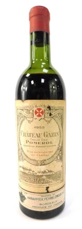 A bottle of Chateau Gazin, 1955 Bordeaux.