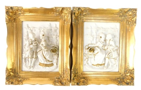 A pair of German porcelain plaques, each depicting lady and gentleman in pose, in high relief with gilt frame, labelled Alt Meissen Art, 23cm x 17cm.