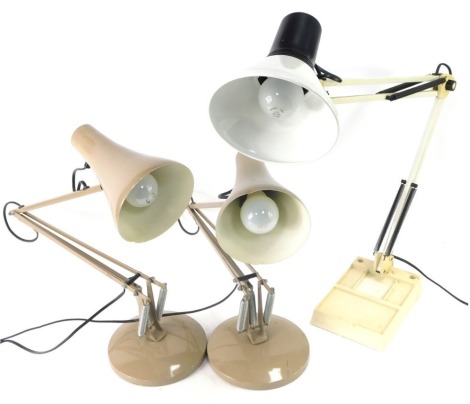 Three Anglepoise lamps, comprising two taupe Anglepoise lamp and a white plastic lamp. (3)