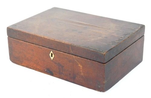 A 19thC mahogany writing box, of plain design, with bone lock plate, 10cm high, 28cm wide, 21cm deep.