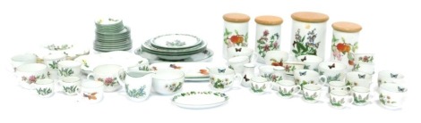 A group of Royal Worcester Worcester Herbs pattern tea wares, comprising kitchen cannisters, cups and saucers, soup bowls, milk jug, plates, ramekins, etc. (a large quantity)