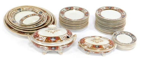 A Hill pottery part dinner service, comprising four large meat plates, large tureen lid and serving spoon, medium tureen and lid, two gravy saucers, nine side plates, twelve soup bowls and sixteen dinner plates. (AF)