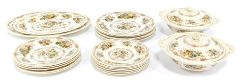 A Ridgway Pottery Apple Blossom part dinner service, comprising two tureens and lids, two meat plates, five dinner plates, five medium plates and six small plates.