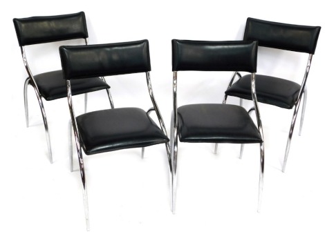 A set of four retro black vinyl and chrome dining chairs. (4) The upholstery in this lot does not comply with the 1988 (Fire & Fire Furnishing) Regulations, unless sold to a known exporter or upholsterer it will be cut from the frame before leaving the pr