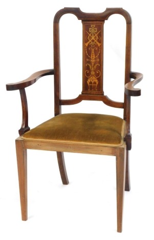 An Edwardian marquetry mahogany carver chair, having splat inlaid with pipes, ribbons, and urn.