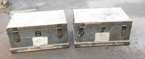 A pair of iron bound pine storage trunks, one marked The Secretary, The Royal Highland & Agricultural Society, 8 Eglinton Crescent, Edinburgh 12., 38cm high, 78cm wide, 52cm deep.