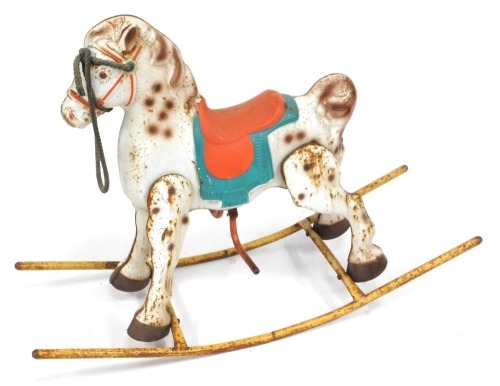 A painted and cast metal rocking horse, possibly Mobo, 110cm wide.