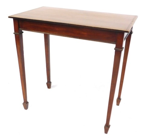 An Edwardian mahogany chequer banded occasional table, the rectangular top on square tapering legs with spade feet, 71cm high, 71cm wide, 43cm deep.