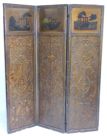 A late Victorian three fold dressing screen, with Neo Classical embossed urn panels, beneath painted landscapes, in the manner of Claude Lorrain, each fold 170cm high, 48cm wide.