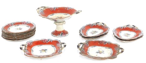 A 19thC Francis Morley & Co Floweret pattern dessert service, comprising comport, four leaf shaped dishes, two square shaped serving dishes and eight dessert plates, each with blue and gilt decorated surround on a red border, with flower detail.