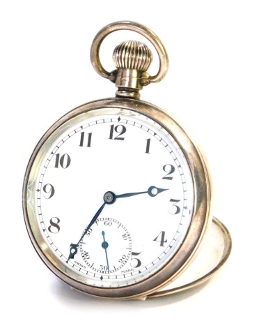 A silver pocket watch, engine turned case, with buckle and vacant shield, on white enamel dial, with blue hands and second dial, bezel wind, Chester 1933, bearing internal inscription presented to F Hawes by his colleagues on his retirement from LPS June 