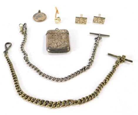 A silver vesta case, with engine turned silver decoration, ¾oz, two silver plated watch chains, a pair of cuff links, tie pin, etc. (a quantity)