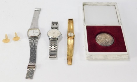 Costume jewellery, comprising Seiko wristwatch, a Prim gent's wristwatch, gold plated cuff links, commemorative coin, and a Stowa wristwatch. (a quantity)