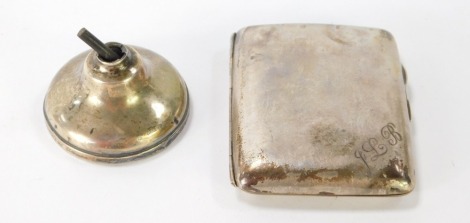 A George V silver cigarette case, and a weighted silver trophy base, bearing the initials J L R, Birmingham 1918, 5oz gross. (2)