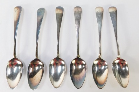 A set of six Victorian silver fiddle pattern teaspoons, each bearing the initials E T E, London 1886, 2 ¼oz.