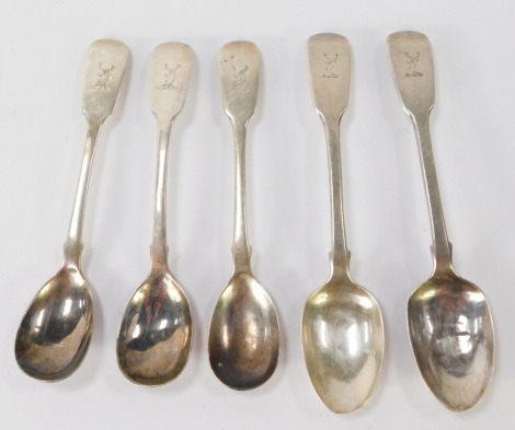 Five silver pattern teaspoons, each bearing deer crest, comprising a set of three, marked Wm Acheson, Dublin, and two later examples, maker all John Smyth, 2 ¾oz. (5)