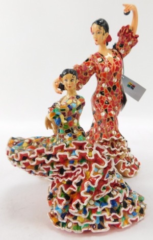 Two Barcino Designs Flamenco dancers, one in red mosaic design dress, 19cm high, the other in multicoloured mosaic design dress, 13cm high. (2)