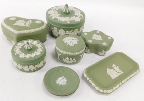 Wedgwood green Jasperware, comprising trinket dishes, pin dishes, jars and covers, etc. (a quantity)