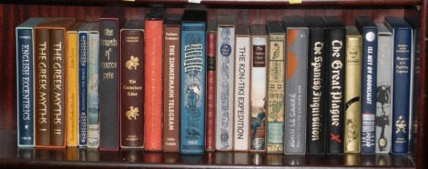 Folio Society. A collection of Folio Society books, comprising Captain Cooks Voyages, The Zimmerman Telegram, Jeffrey Archer, Shackleton's Boat Journey, Greek Myths, The Great Plague, The Spanish Inquisition, Memoirs of a Fighting Captain, etc. (1 shelf)