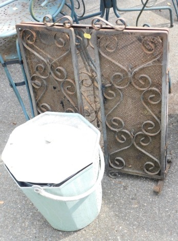 A galvanised metal ashes bucket, a further bucket, and a mesh fireguard. (3)