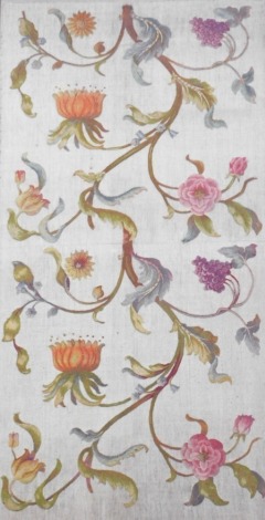 A crewel work Arts & Crafts floral panel, on hessian, in an oak frame, 178cm x 94cm.