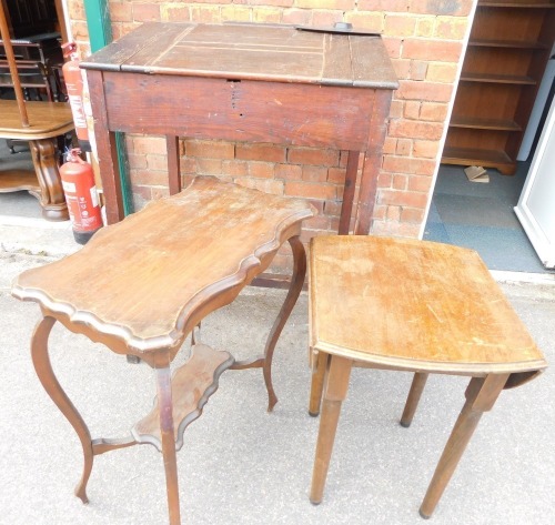 A Victorian stained pine clerk's desk, and two small tables. (3)