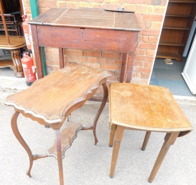 A Victorian stained pine clerk's desk, and two small tables. (3)