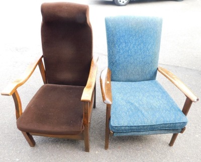 A 1930's armchair and a Parker Knoll 1950's armchair. (2) The upholstery in this lot does not comply with the 1988 (Fire & Fire Furnishing) Regulations, unless sold to a known exporter or upholsterer it will be cut from the frame before leaving the premis